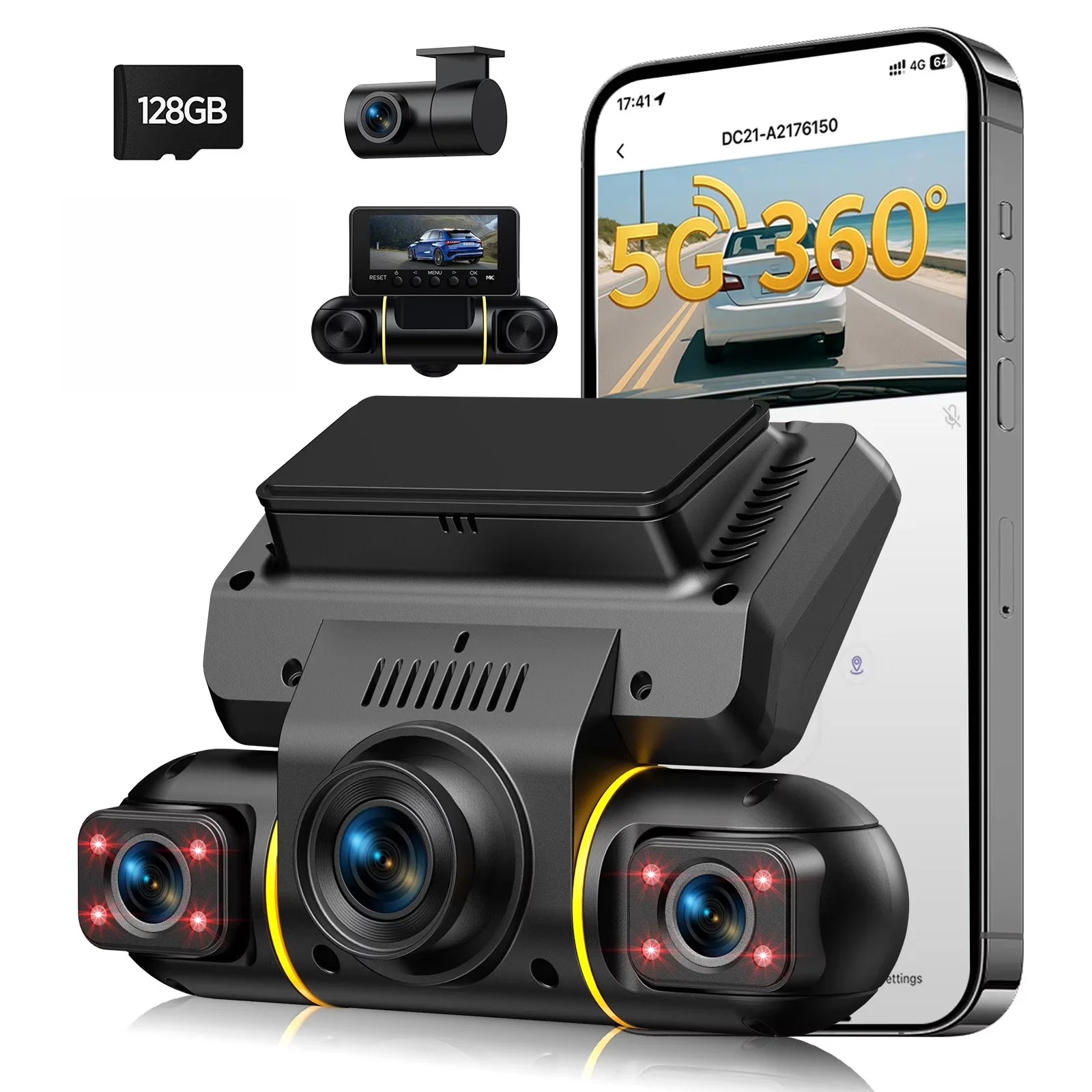 4 Channel Dash Cam Front and Rear inside with 24H Security Parking Monitor, 1080P FHD 360 Degree View 5G Wifi Dash Camera, IR Night Vision Dashcam, G-Sensor, Free 128GB Card